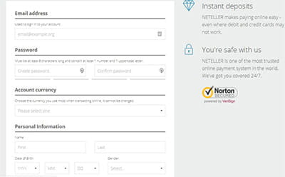 Account creation form at Neteller