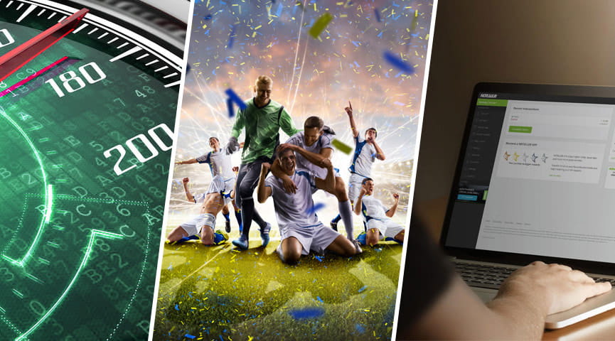 The advantages of Neteller represented by a speedometer, celebrating football players and a customer on a laptop