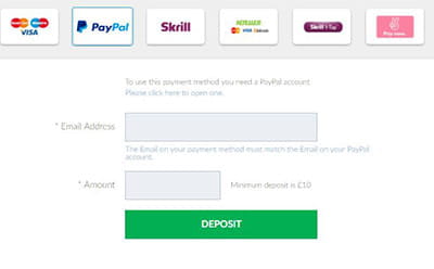 Deposit portal at BetVictor showing the first step of the PayPal deposit process