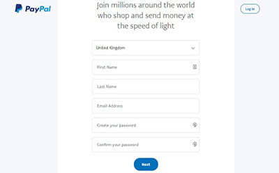 PayPal account creation window personal details form