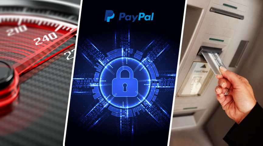 PayPal advantages represented by a speedometer, security and an ATM machine