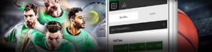 Montage of athletes and the Unibet mobile betting application