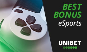 Two hands playing on a console remote next to the Unibet eSports Bonus